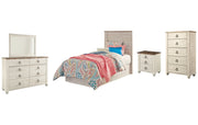 Willowton Twin Panel Headboard with Mirrored Dresser, Chest and Nightstand