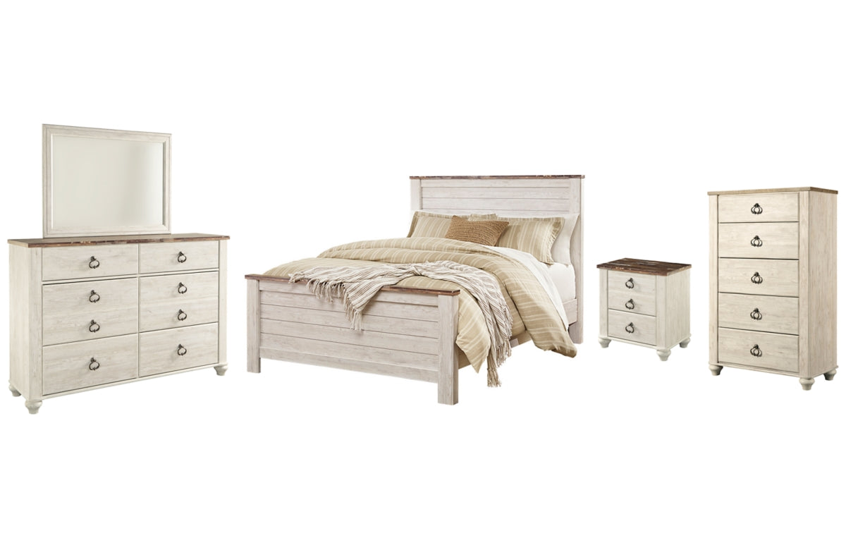 Willowton Queen Panel Bed with Mirrored Dresser, Chest and Nightstand