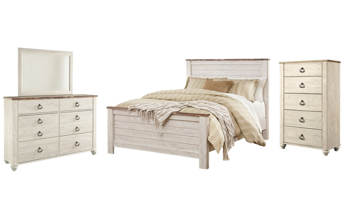 Willowton Queen Panel Bed with Mirrored Dresser and Chest