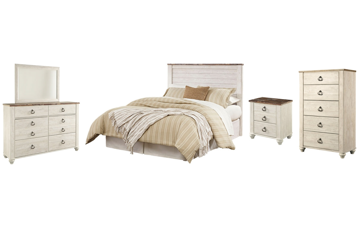 Willowton Queen/Full Panel Headboard with Mirrored Dresser, Chest and Nightstand