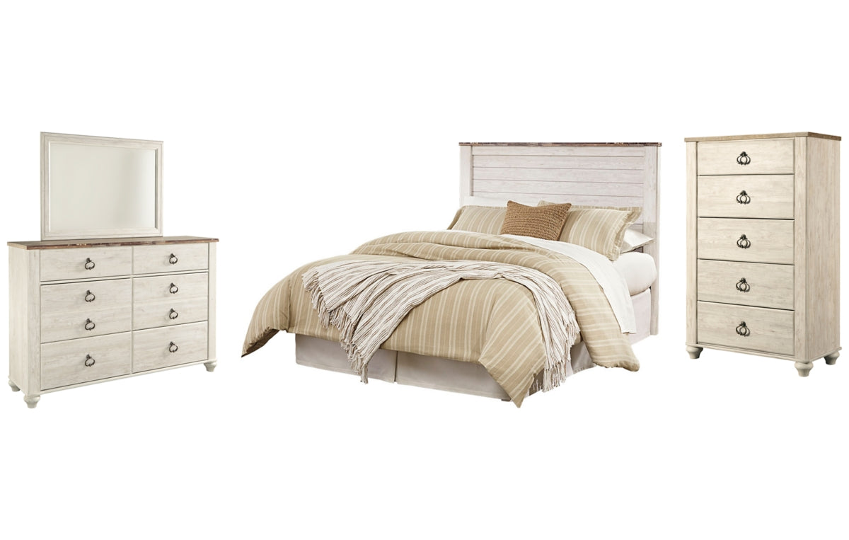 Willowton Queen/Full Panel Headboard with Mirrored Dresser and Chest