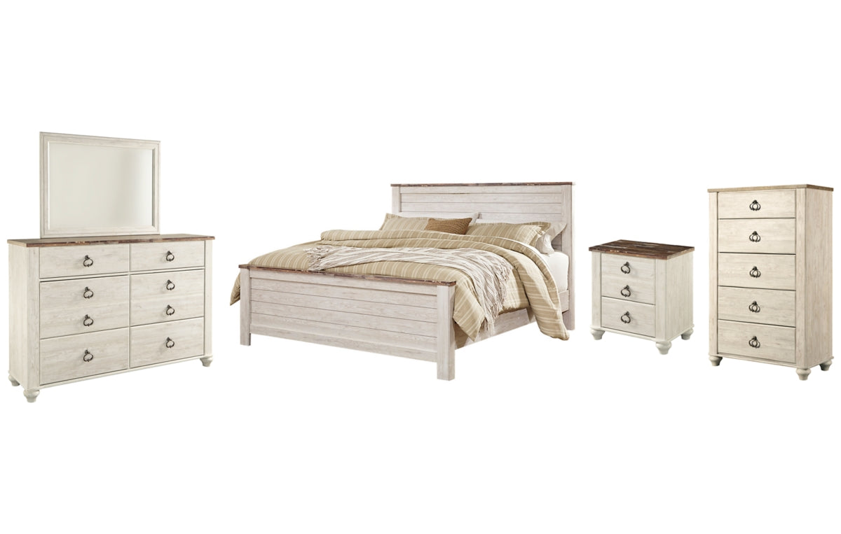Willowton California King Panel Bed with Mirrored Dresser, Chest and Nightstand