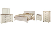 Willowton California King Panel Bed with Mirrored Dresser, Chest and Nightstand