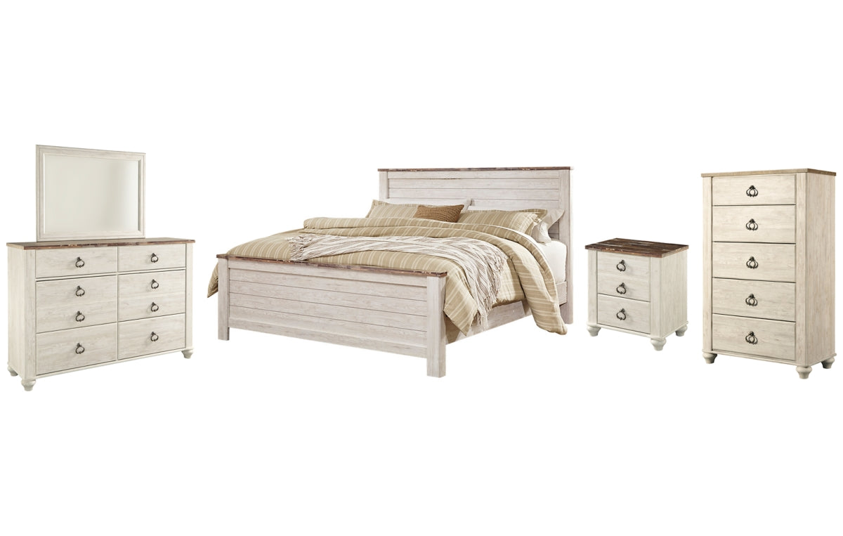 Willowton King Panel Bed with Mirrored Dresser, Chest and Nightstand