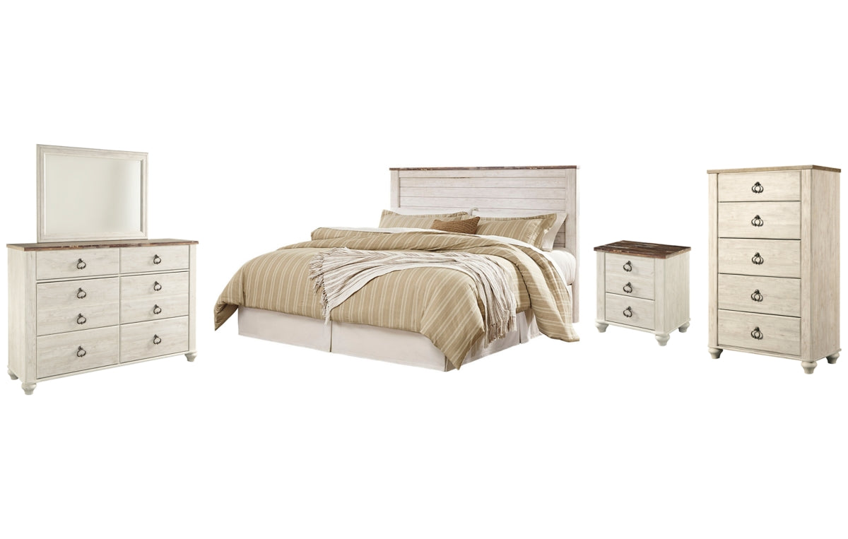 Willowton King/California King Panel Headboard with Mirrored Dresser, Chest and Nightstand