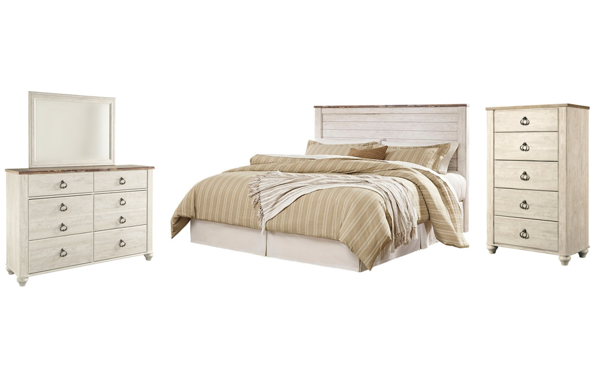 Willowton King/California King Panel Headboard with Mirrored Dresser and Chest
