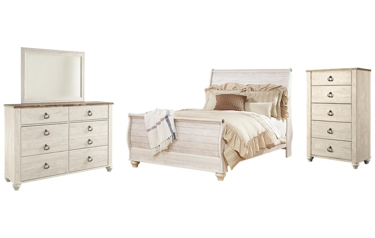Willowton Queen Sleigh Bed with Mirrored Dresser and Chest