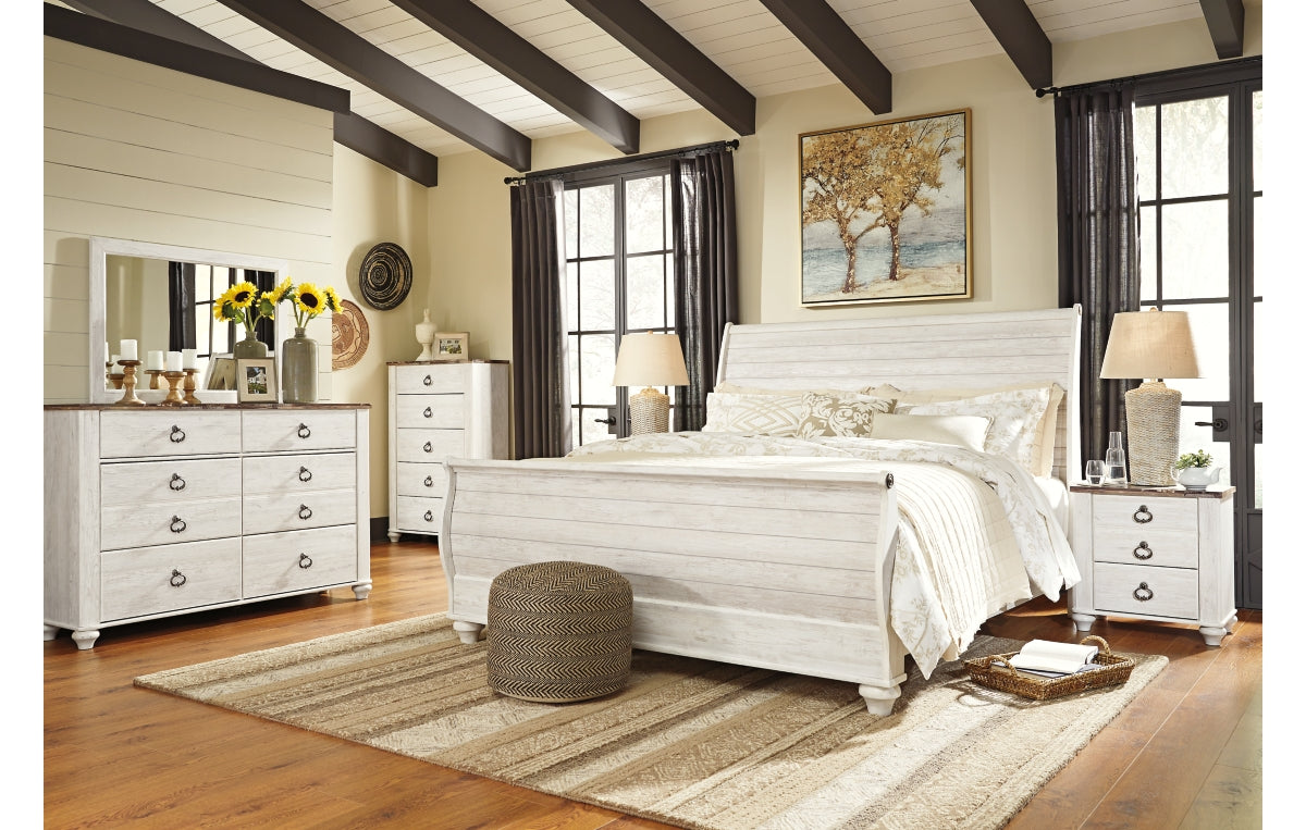 Willowton King Sleigh Bed with Mirrored Dresser, Chest and Nightstand