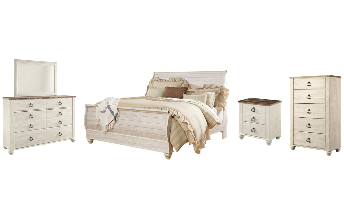 Willowton King Sleigh Bed with Mirrored Dresser, Chest and Nightstand