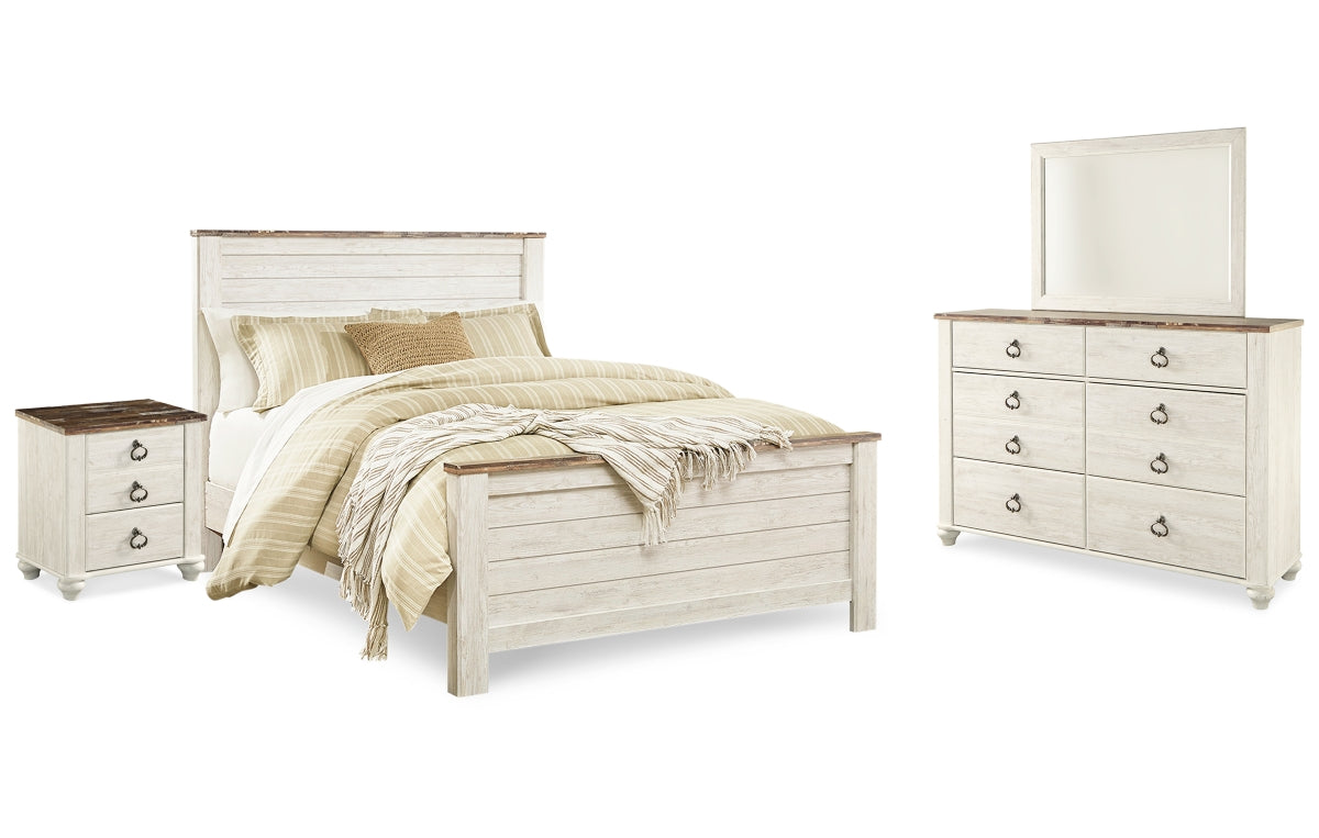 Willowton Queen Panel Bed with Mirrored Dresser and Nightstand