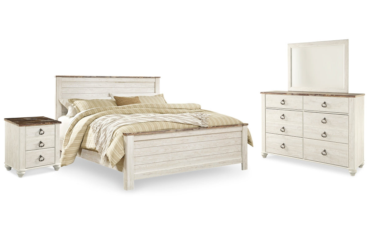 Willowton King Panel Bed with Mirrored Dresser and Nightstand