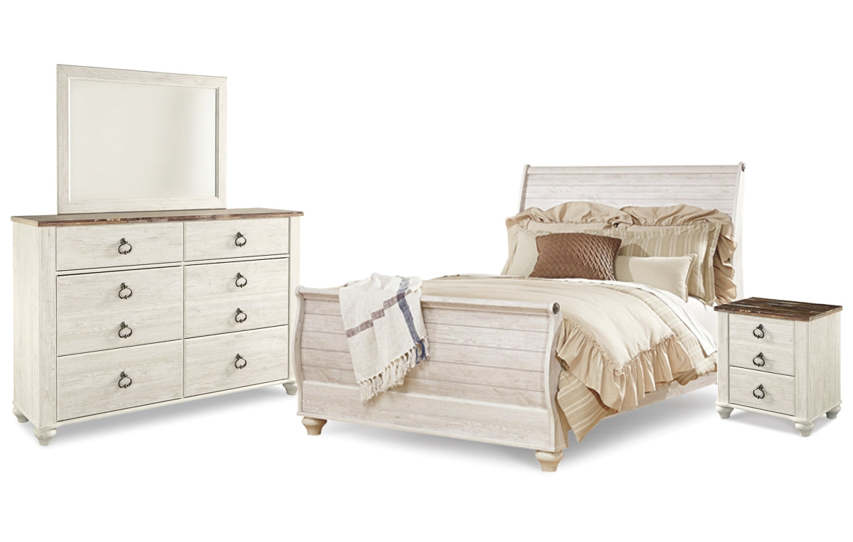 Willowton Queen Sleigh Bed with Mirrored Dresser and Nightstand