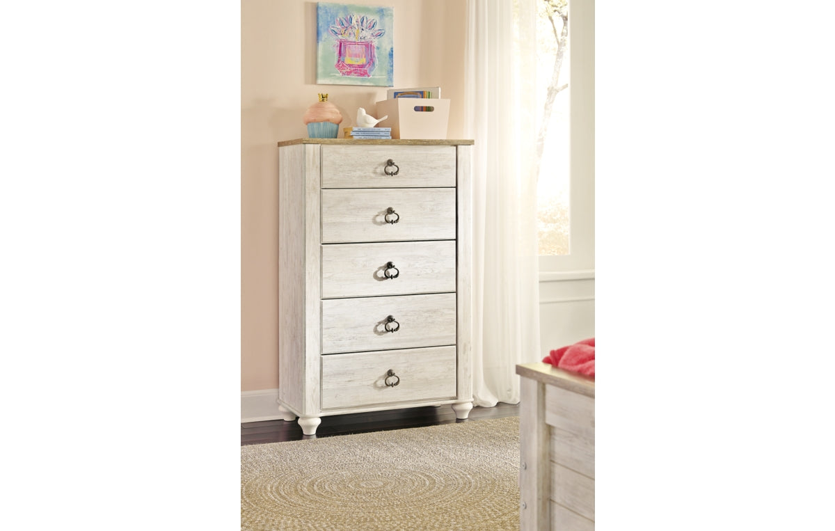 Willowton Twin Panel Headboard with Mirrored Dresser, Chest and Nightstand