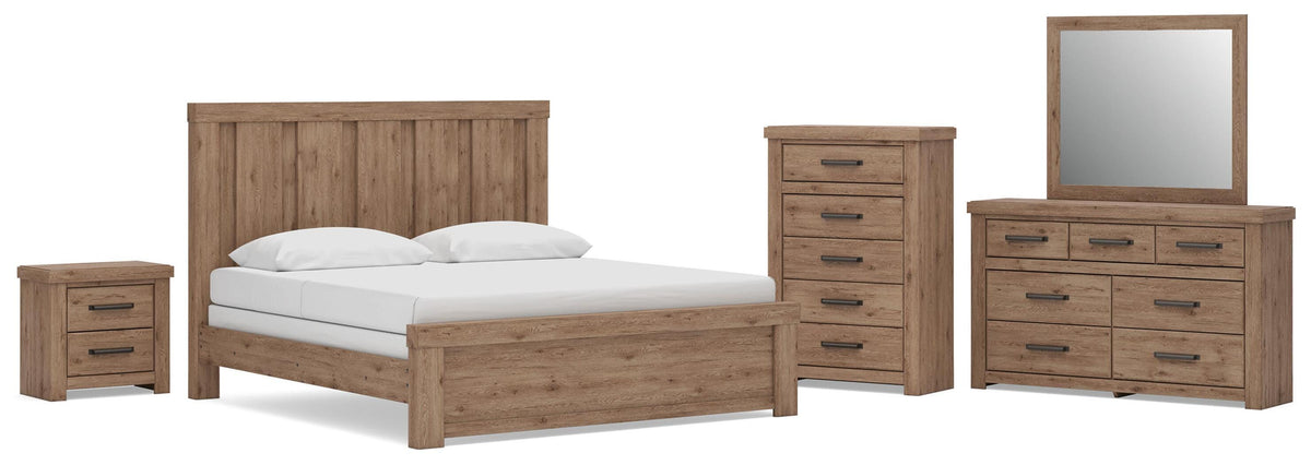 Oliandon King Panel Bed, Dresser, Mirror, Chest and Nightstand