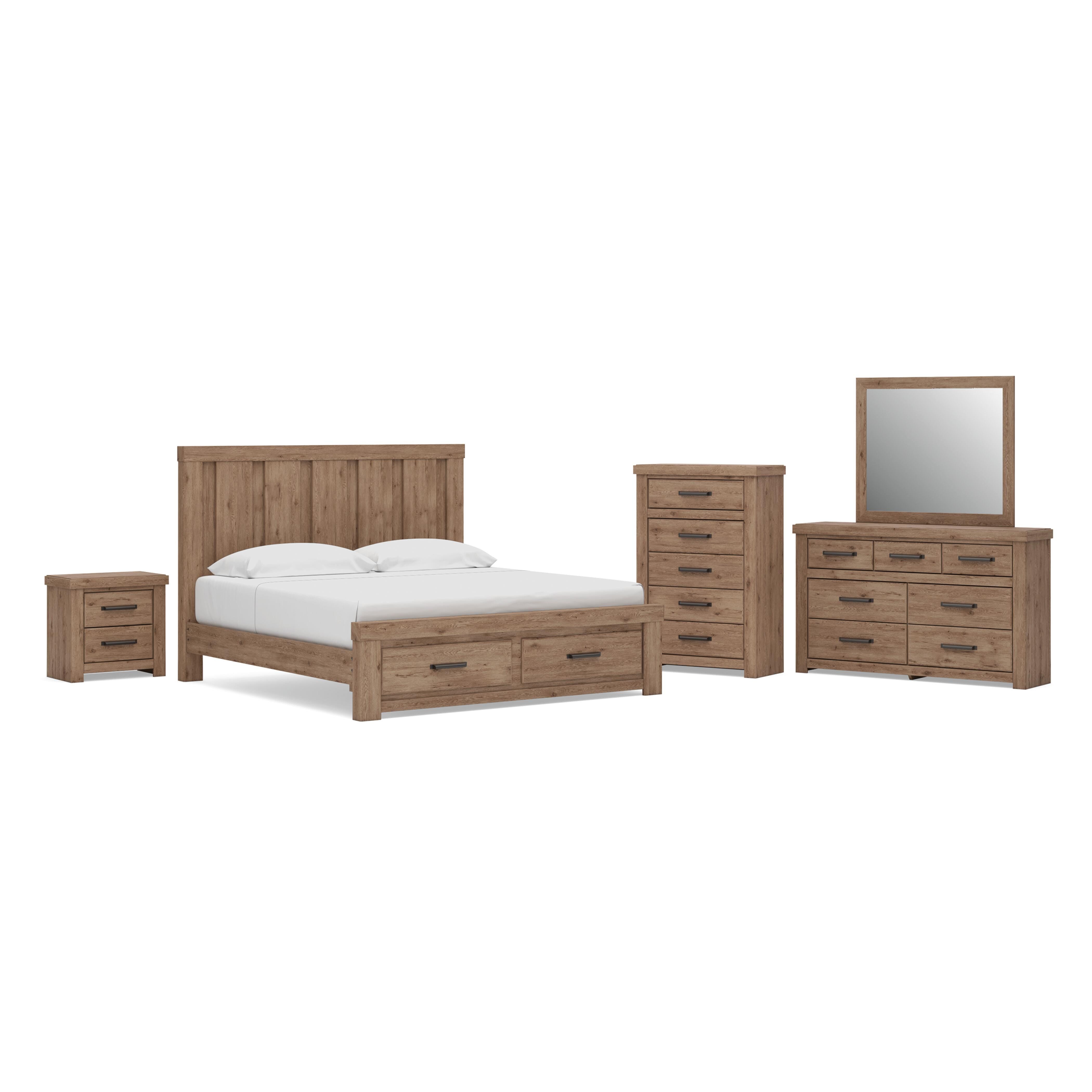 Oliandon King Panel Storage Bed, Dresser, Mirror, Chest and Nightstand