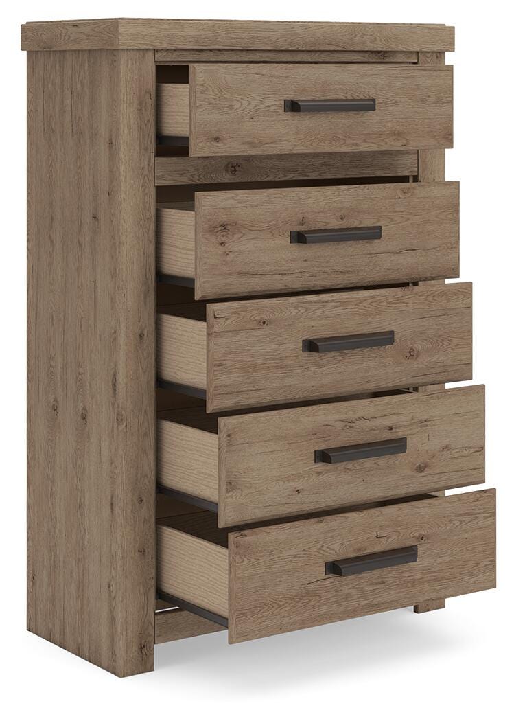 Oliandon King Panel Storage Bed, Dresser, Mirror and Chest