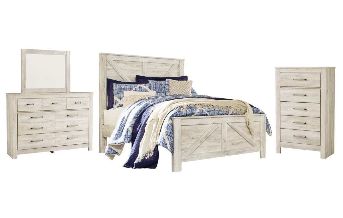 Bellaby Queen Crossbuck Panel Bed with Mirrored Dresser and Chest