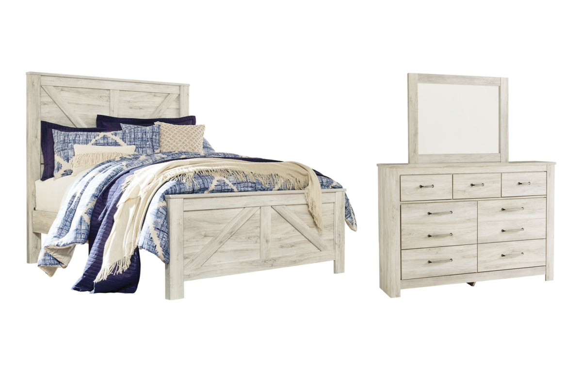 Bellaby Queen Crossbuck Panel Bed with Mirrored Dresser