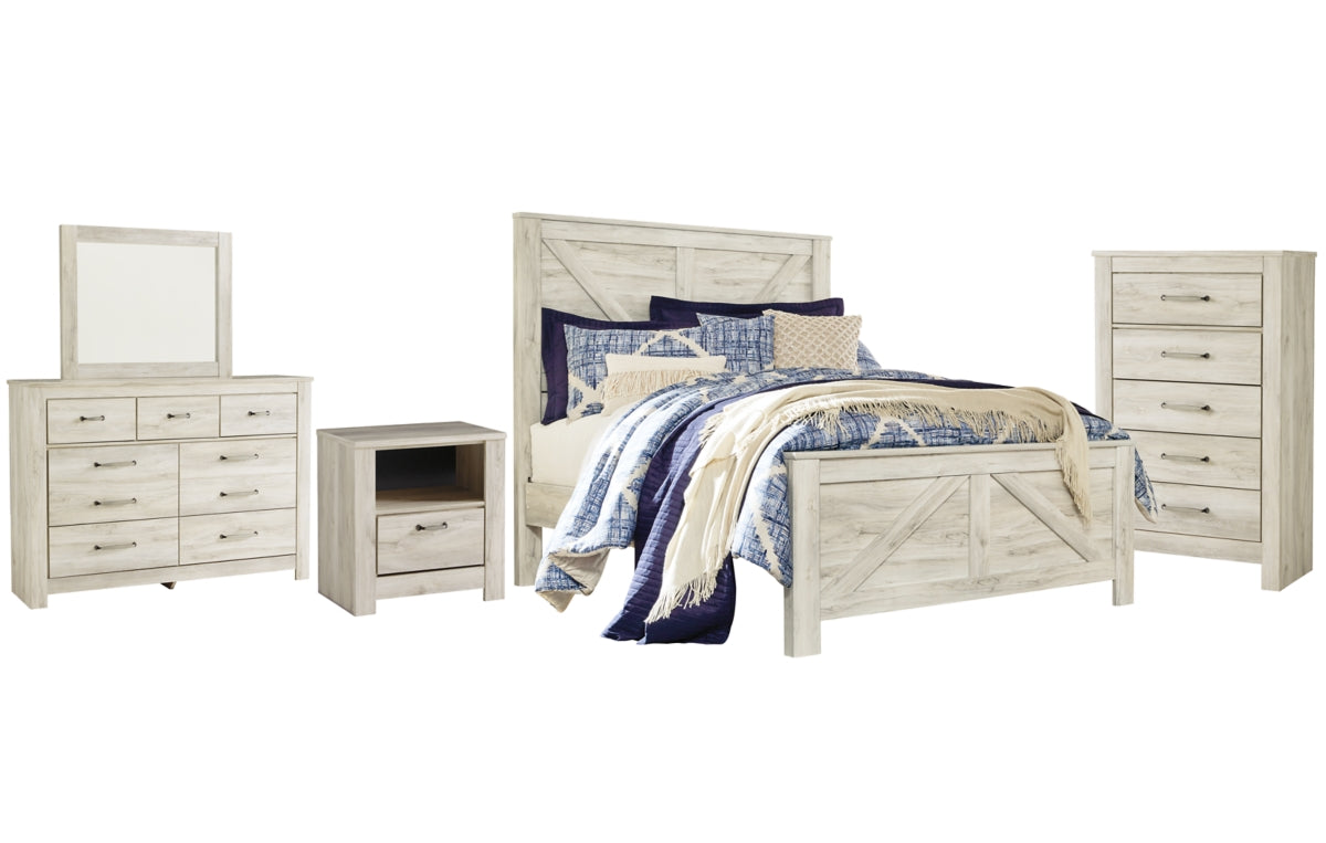 Bellaby Queen Crossbuck Panel Bed with Mirrored Dresser, Chest and Nightstand