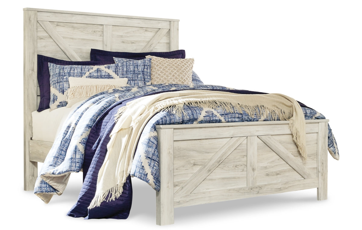 Bellaby Queen Crossbuck Panel Bed with Mirrored Dresser and Chest
