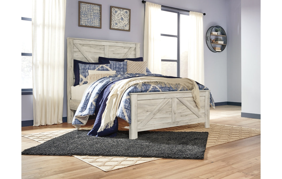 Bellaby Queen Crossbuck Panel Bed with Mirrored Dresser and Chest