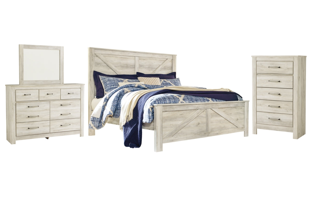 Bellaby King Crossbuck Panel Bed with Mirrored Dresser and Chest