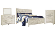 Bellaby King Crossbuck Panel Bed with Mirrored Dresser and Chest