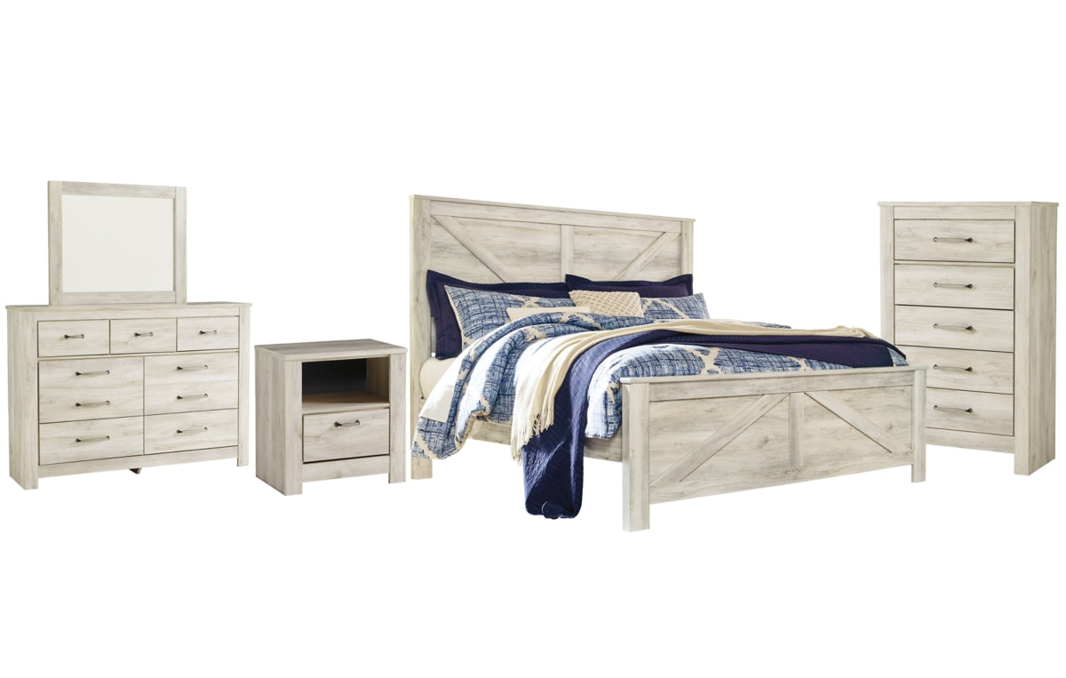 Bellaby King Crossbuck Panel Bed with Mirrored Dresser, Chest and Nightstand