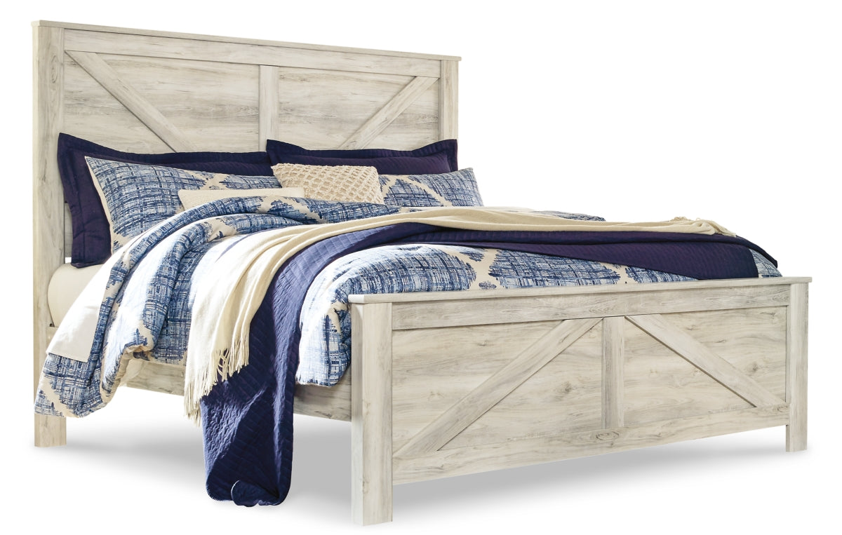 Bellaby King Crossbuck Panel Bed with Mirrored Dresser and Chest