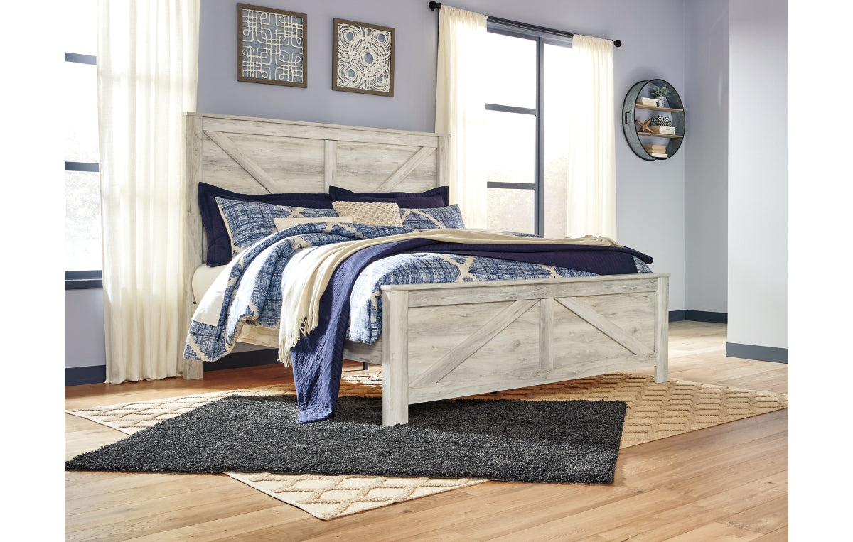 Bellaby King Crossbuck Panel Bed with Mirrored Dresser and Chest