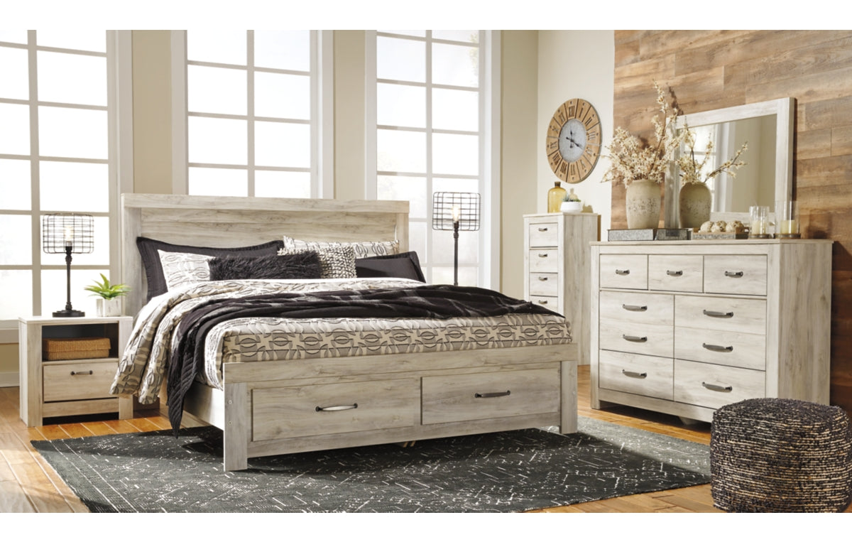 Bellaby King Platform Bed with 2 Storage Drawers with Mirrored Dresser, Chest and Nightstand