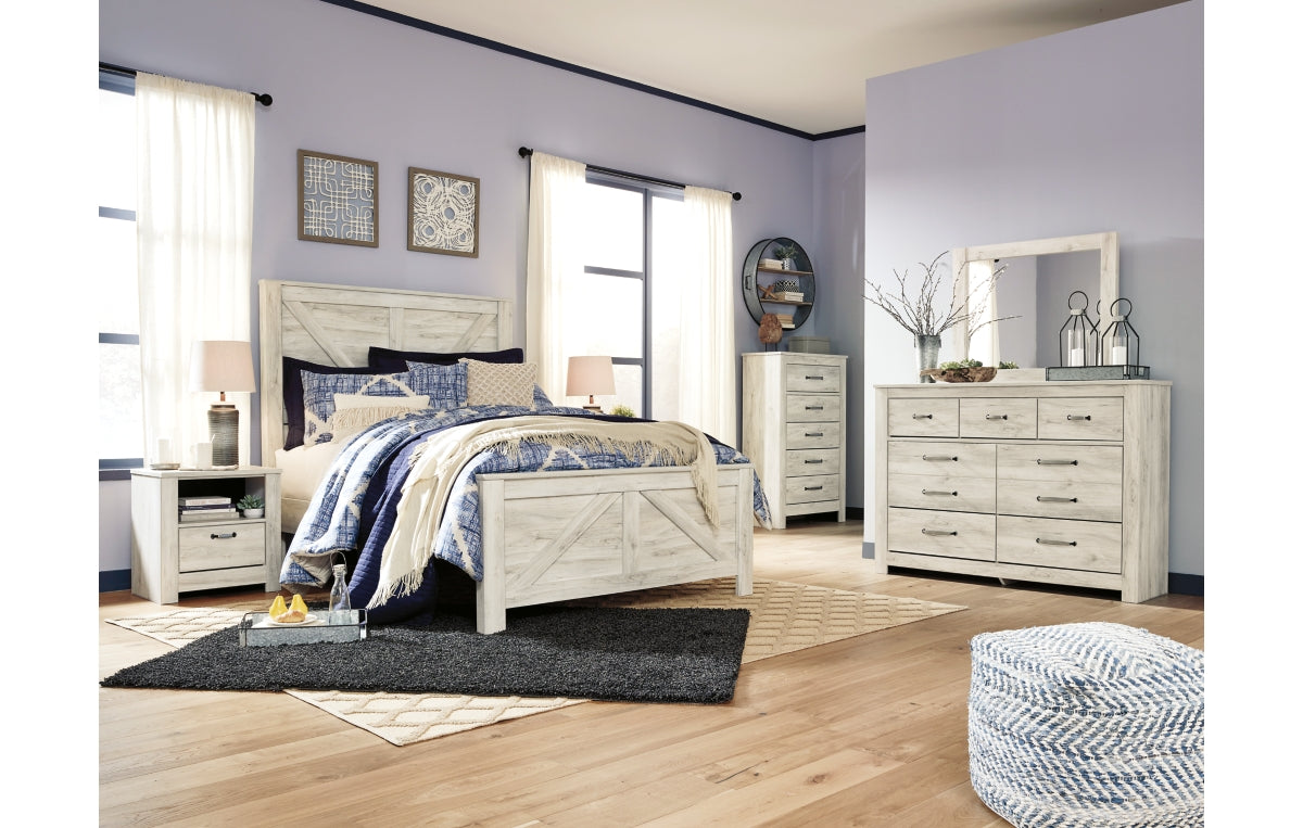 Bellaby Queen Crossbuck Panel Bed with Mirrored Dresser, Chest and Nightstand