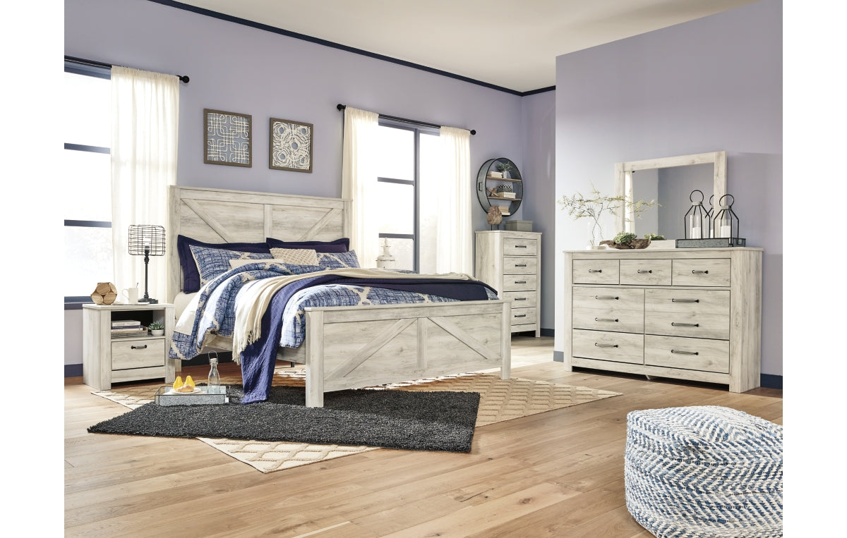 Bellaby King Crossbuck Panel Bed with Mirrored Dresser, Chest and Nightstand