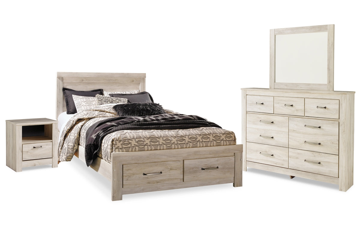 Bellaby Queen Platform Bed with 2 Storage Drawers with Mirrored Dresser and Nightstand