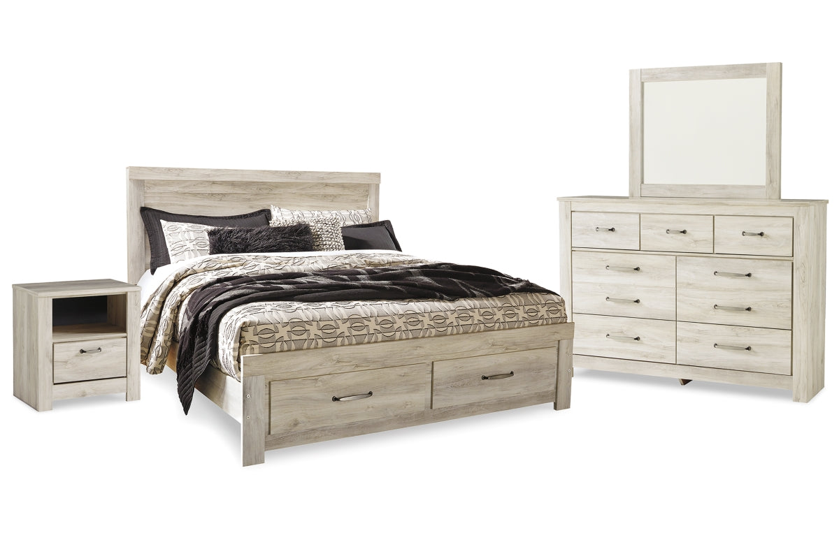 Bellaby King Platform Bed with 2 Storage Drawers with Mirrored Dresser and Nightstand