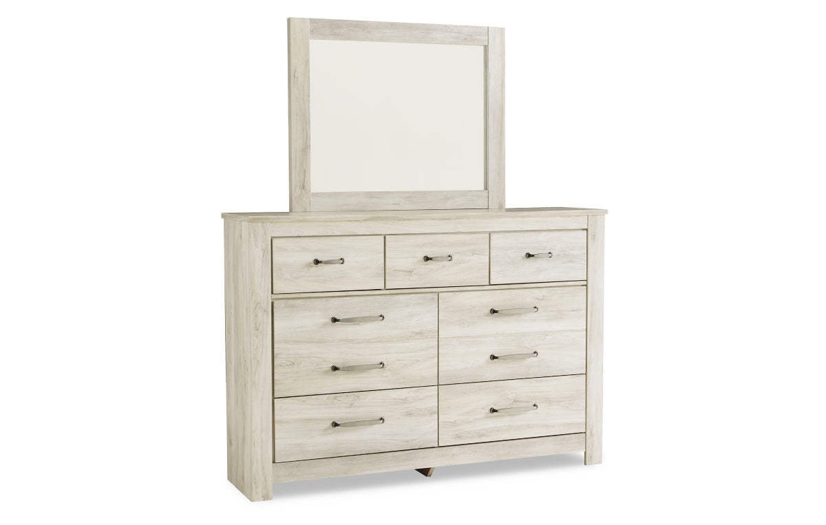 Bellaby Queen Crossbuck Panel Bed with Mirrored Dresser and Chest
