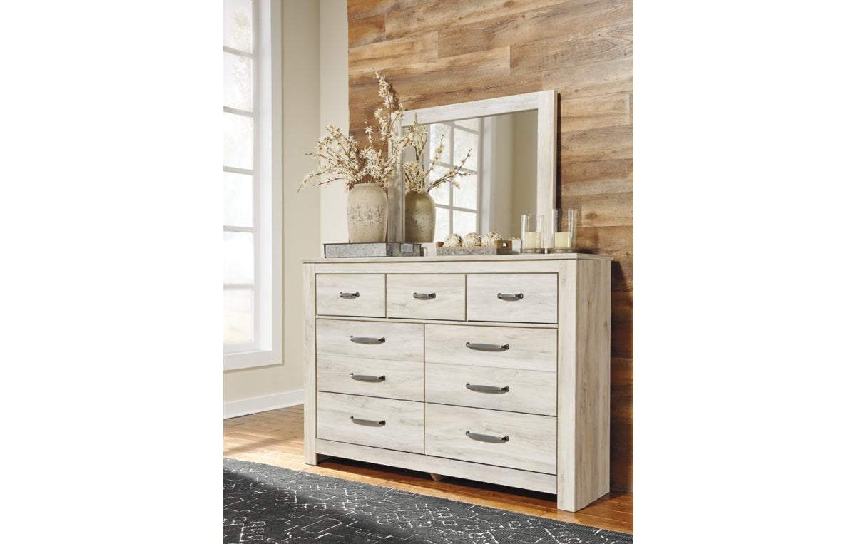 Bellaby Queen Crossbuck Panel Bed with Mirrored Dresser and Chest