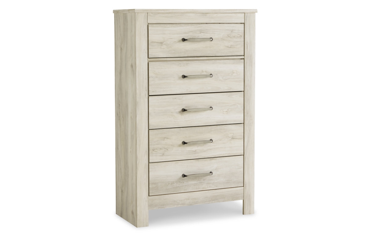 Bellaby Queen Platform Bed with 2 Storage Drawers with Mirrored Dresser and Chest