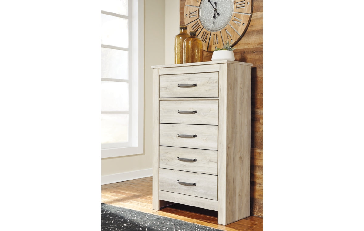 Bellaby Queen Platform Bed with 2 Storage Drawers with Mirrored Dresser and Chest