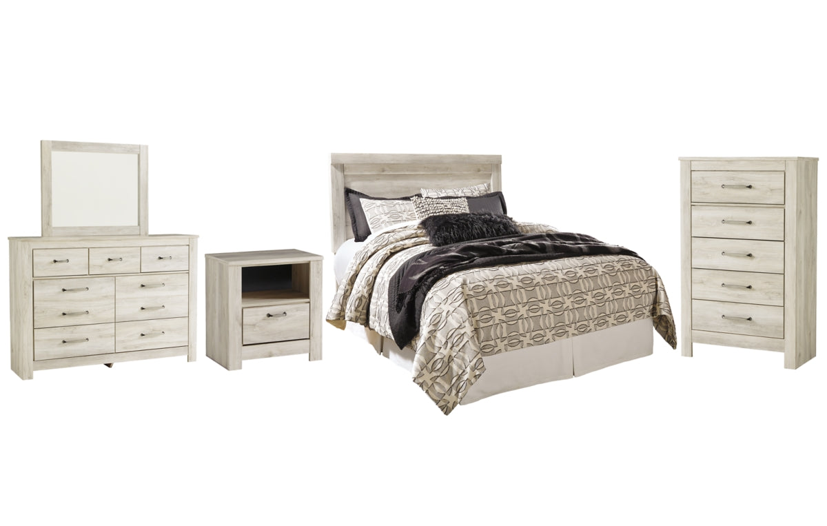 Bellaby Queen Panel Headboard with Mirrored Dresser, Chest and Nightstand