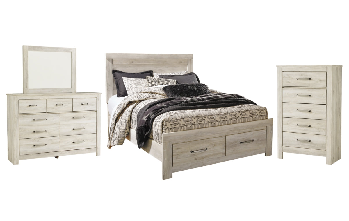Bellaby Queen Platform Bed with 2 Storage Drawers with Mirrored Dresser and Chest