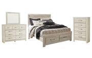 Bellaby Queen Platform Bed with 2 Storage Drawers with Mirrored Dresser and Chest