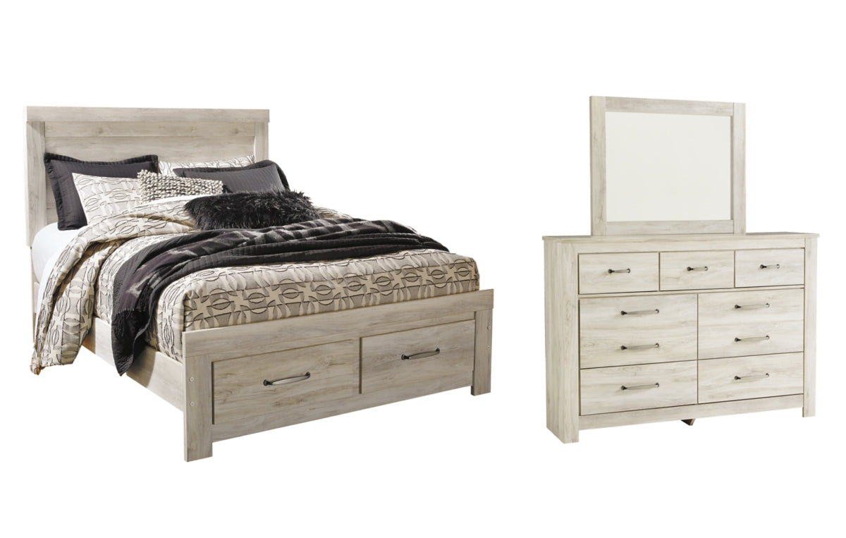 Bellaby Queen Platform Bed with 2 Storage Drawers with Mirrored Dresser