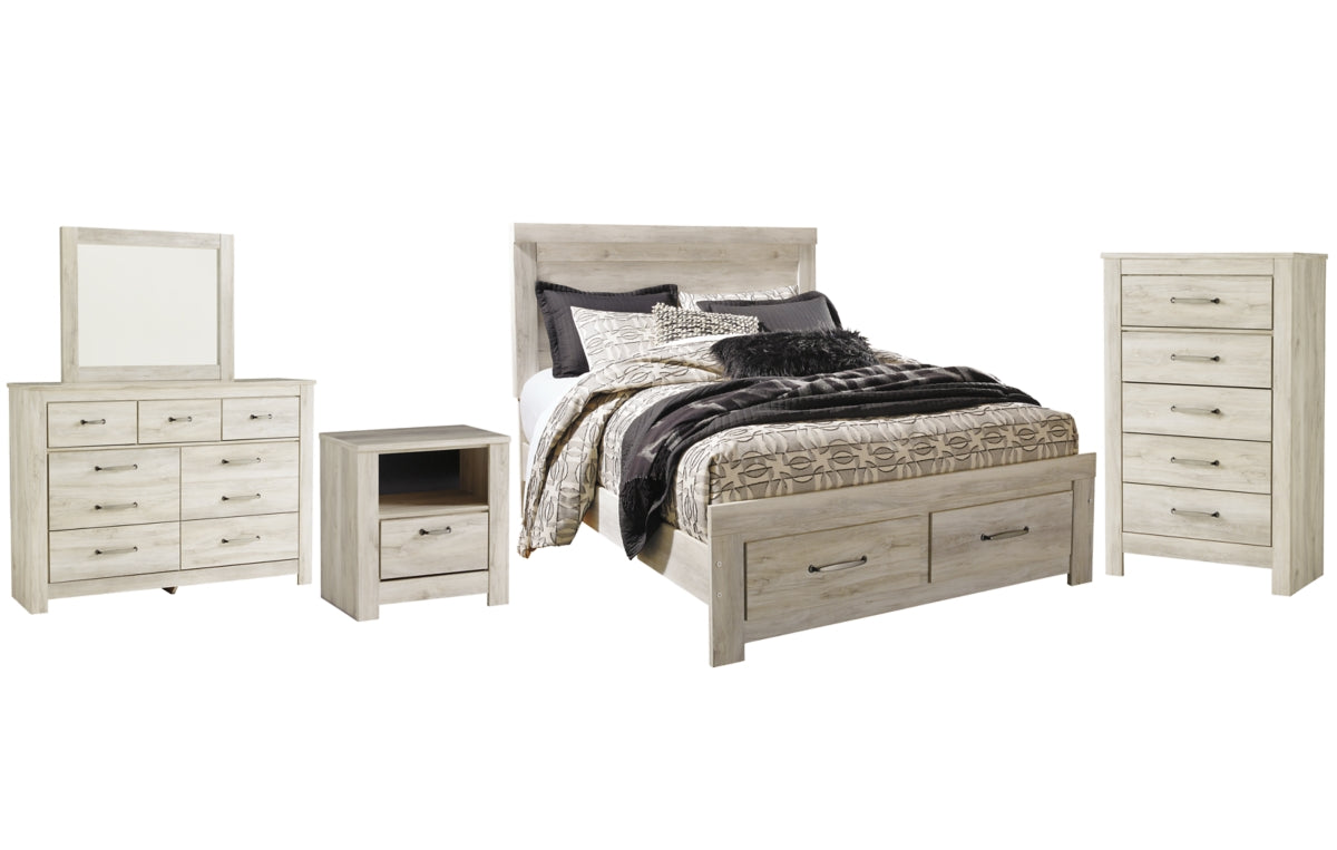 Bellaby Queen Platform Bed with 2 Storage Drawers with Mirrored Dresser, Chest and Nightstand