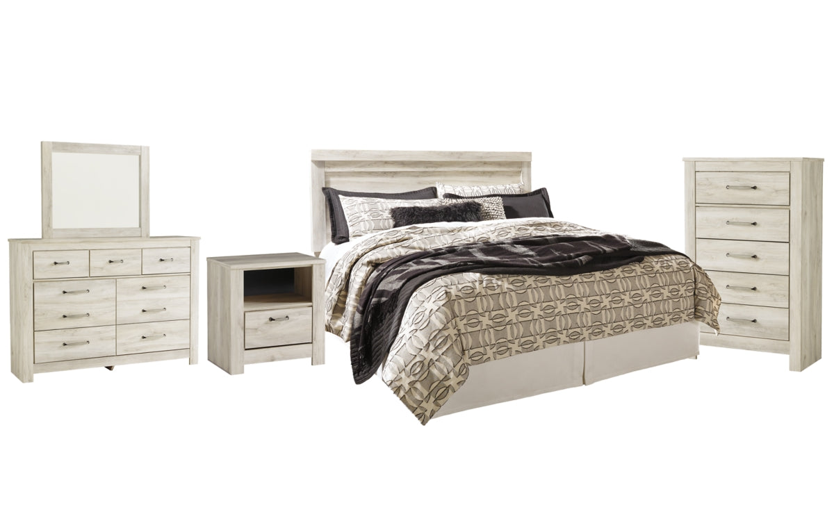 Bellaby King Panel Headboard with Mirrored Dresser, Chest and Nightstand