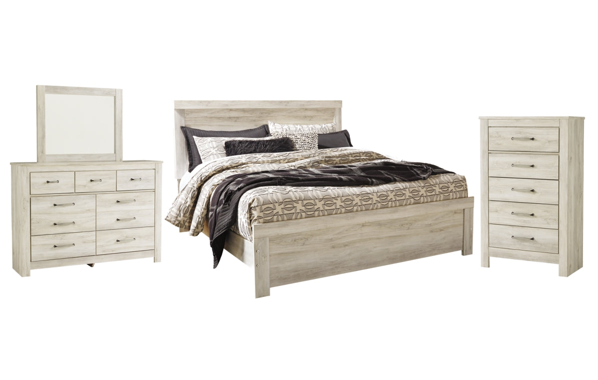 Bellaby King Panel Bed with Mirrored Dresser and Chest