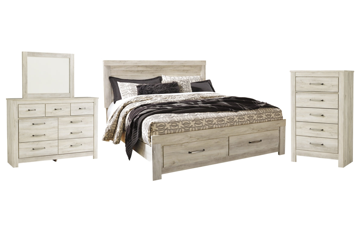 Bellaby King Platform Bed with 2 Storage Drawers with Mirrored Dresser and Chest