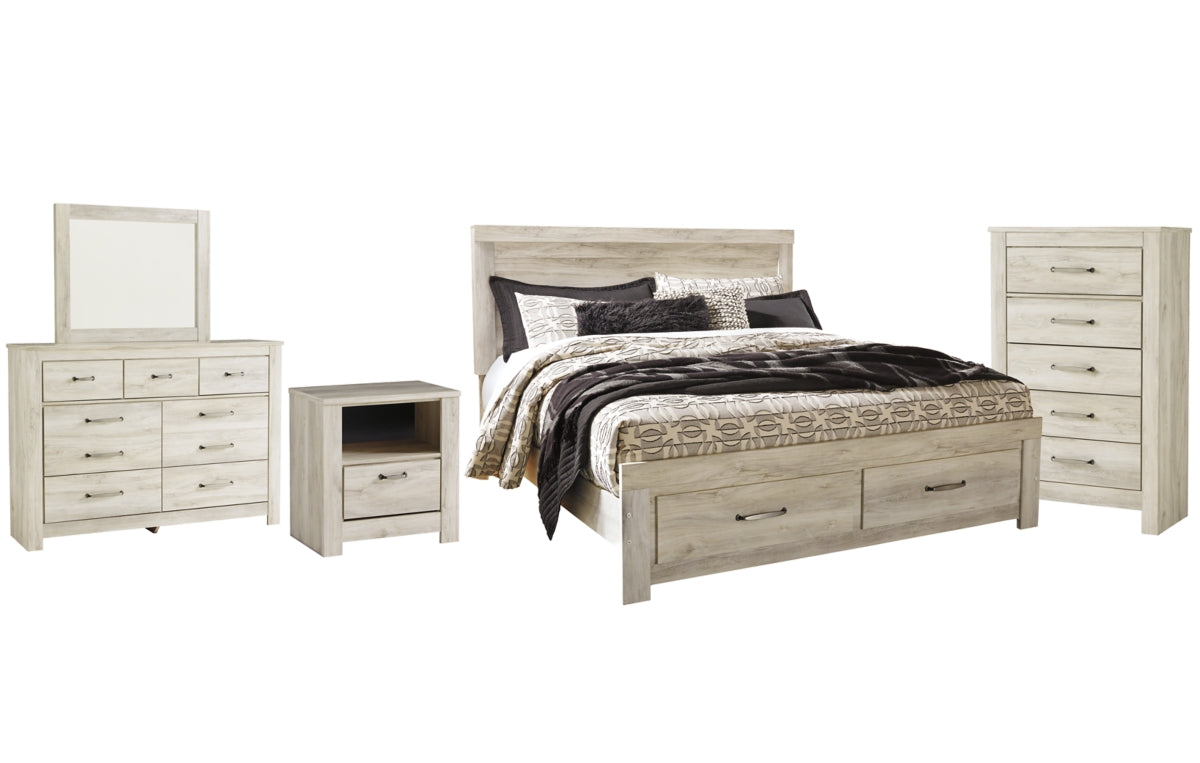 Bellaby King Platform Bed with 2 Storage Drawers with Mirrored Dresser, Chest and Nightstand