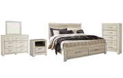 Bellaby King Platform Bed with 2 Storage Drawers with Mirrored Dresser, Chest and Nightstand