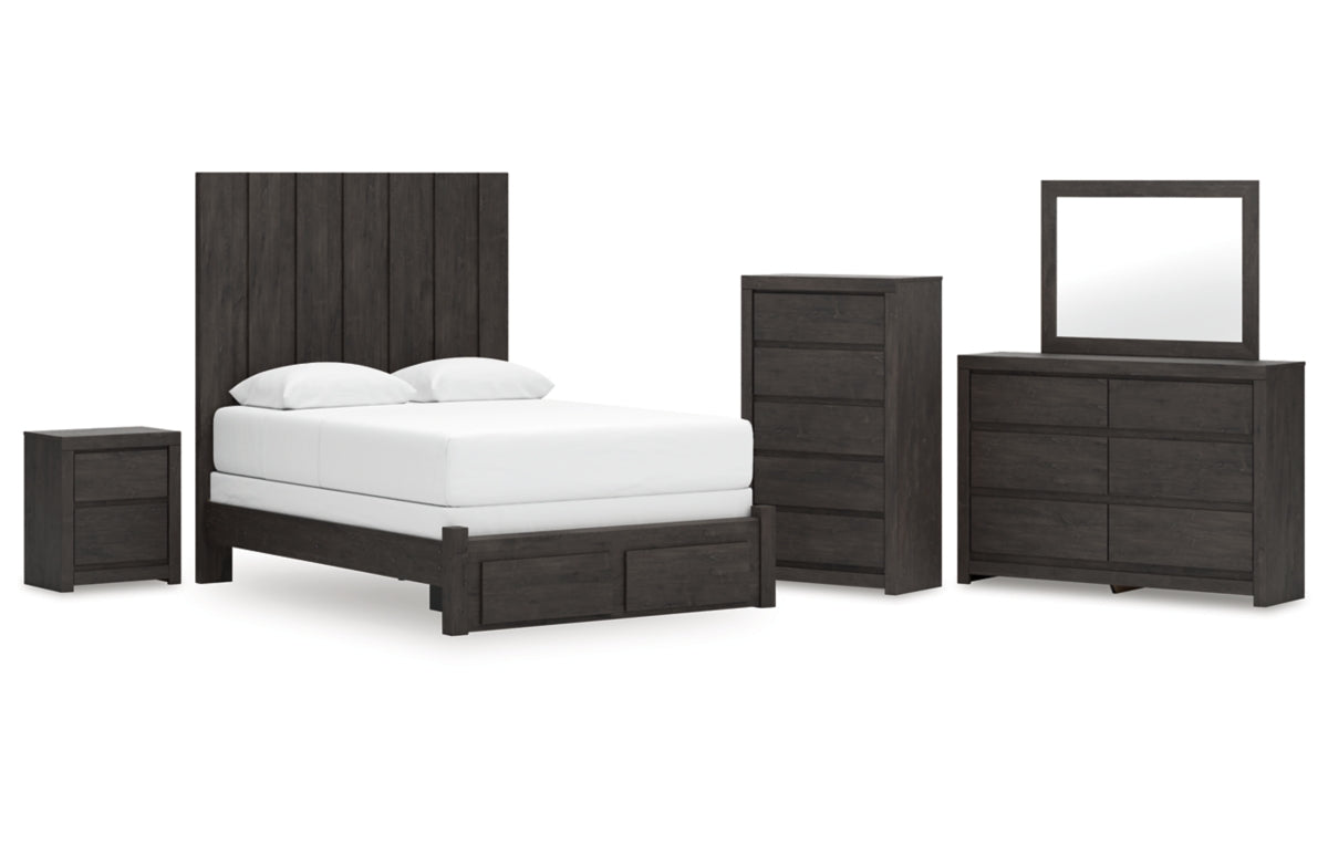 Fraluna Queen Panel Storage Bed with Mirrored Dresser, Chest and Nightstand
